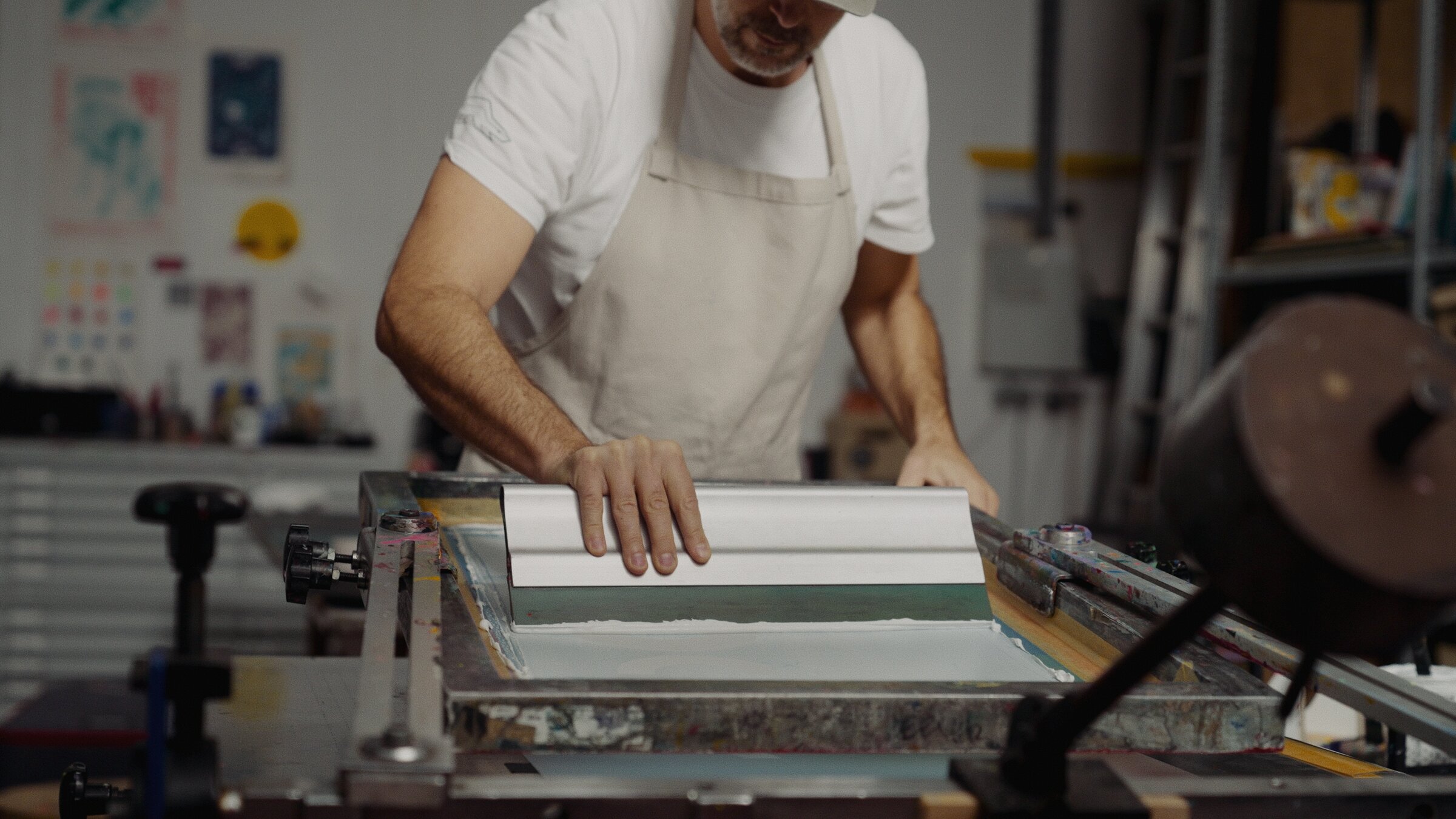 Screen-printing frame set up on the press