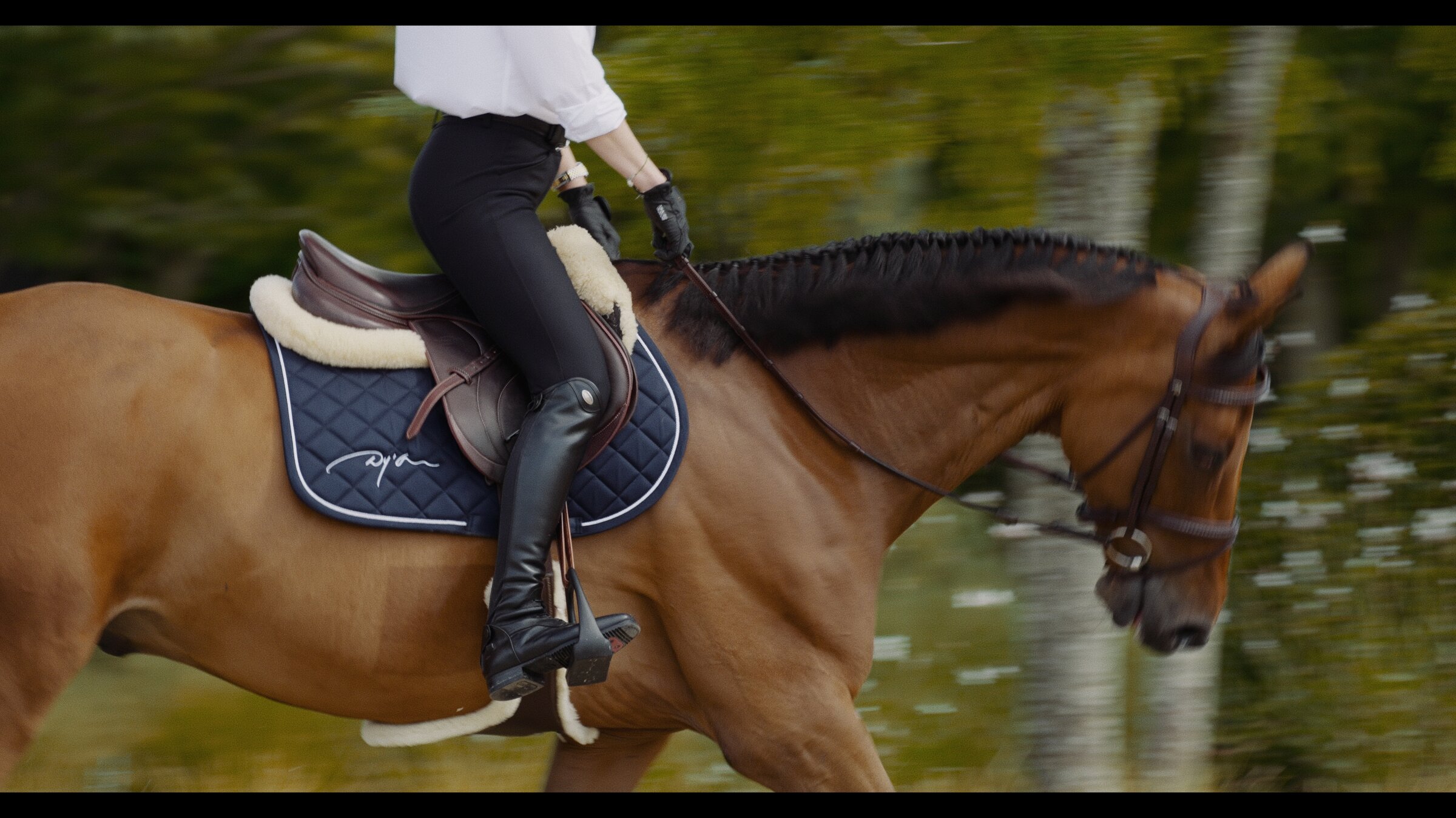 Detail of rider's boot and stirrup, wisteria blur in the foreground