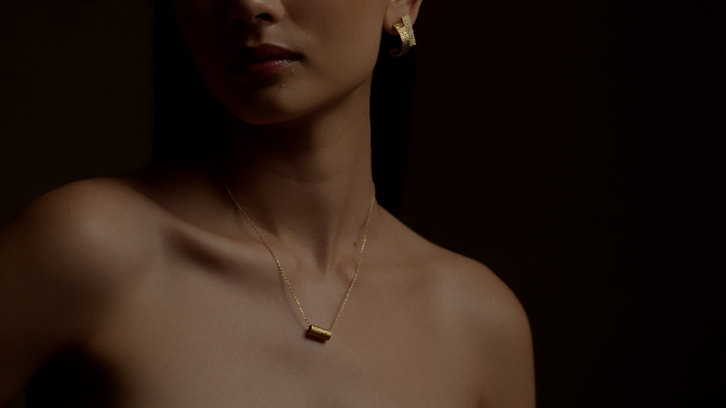 Model wearing a gold necklace and hoop earring, dramatic low light